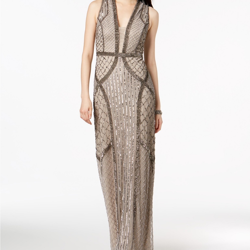 Adrianna Papell Beaded V-Neck Gown Platinum Size 4 - Picture 4 of 7